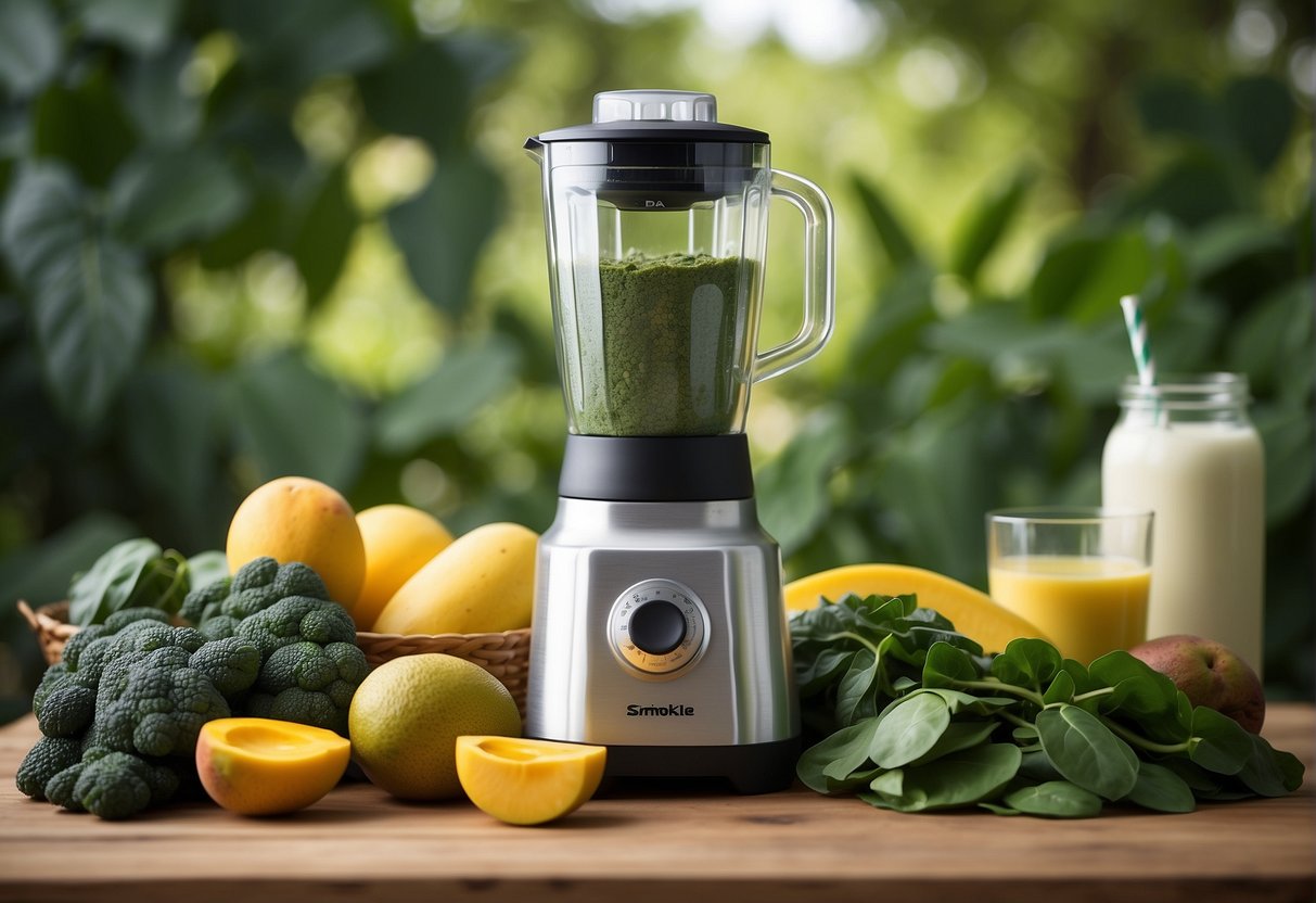A blender surrounded by fresh spinach, kale, ripe bananas, juicy mangoes, and a jug of almond milk