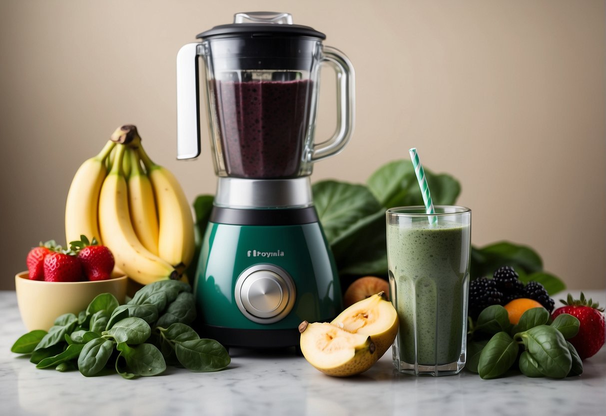 A blender filled with spinach, kale, banana, and chia seeds, surrounded by fresh fruits and a bottle of almond milk