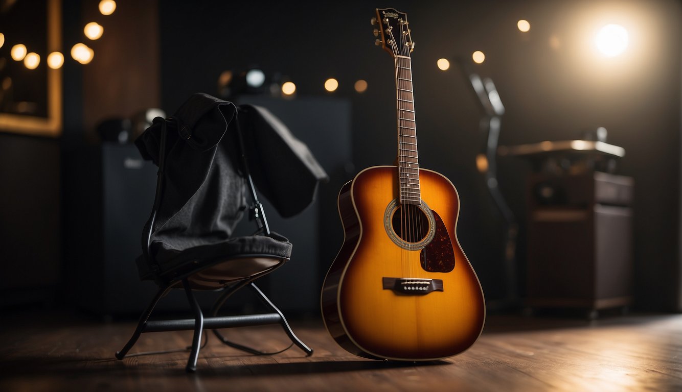 Guitar resting on a stand, with loose strings and a dust cover nearby. Room is dimly lit, creating a serene atmosphere