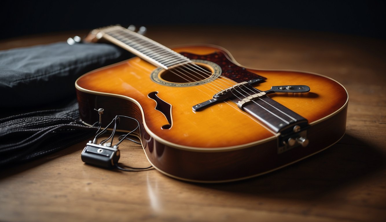 A guitar lying on a flat surface with a broken string next to a pack of new strings and a string winder tool
