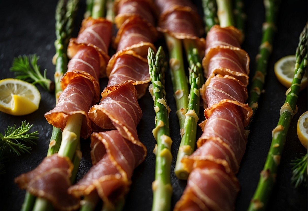 Crispy prosciutto wrapped around fresh asparagus being selected