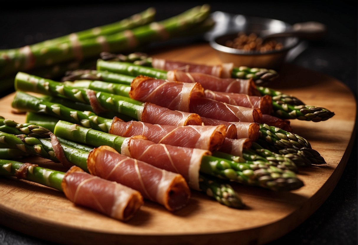 Fresh asparagus spears wrapped in crispy prosciutto, arranged on a cutting board with a knife and seasonings nearby
