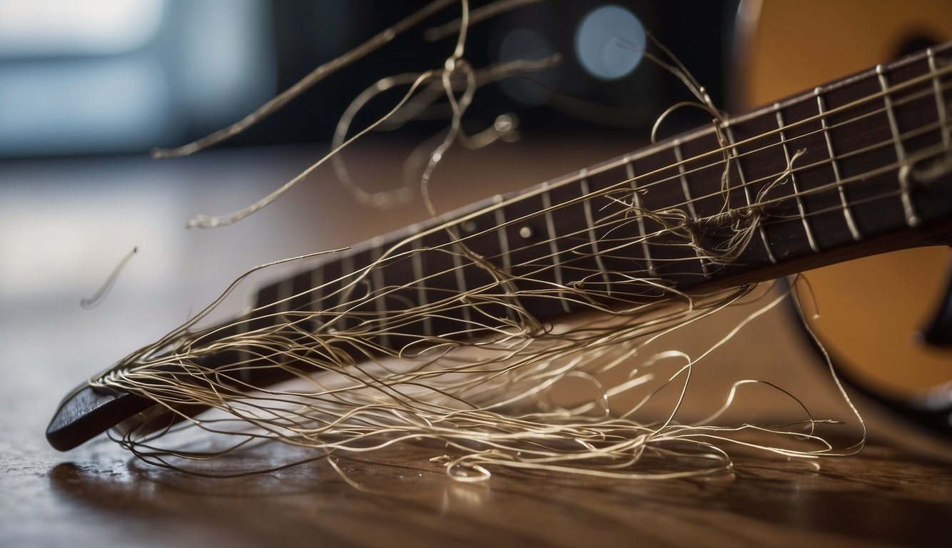 A guitar string fraying and breaking, while another string shows signs of wear. A price tag for replacement strings is visible nearby