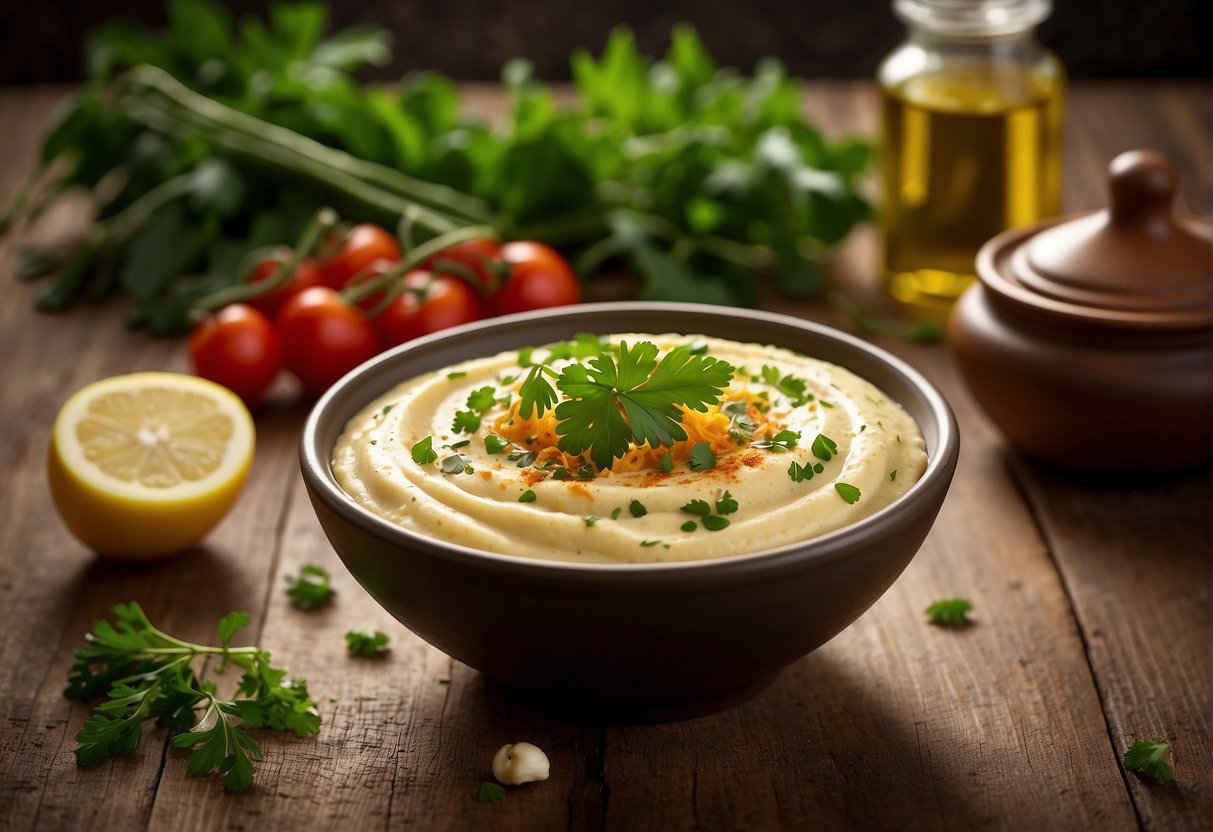 A bowl of smooth garlic hummus with a drizzle of olive oil, sprinkled with paprika, and garnished with fresh parsley