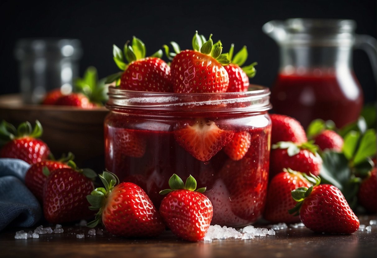 Fresh strawberries being crushed, mixed with sugar, and pectin in a large bowl. Jars being filled with the vibrant red jam, ready for freezing