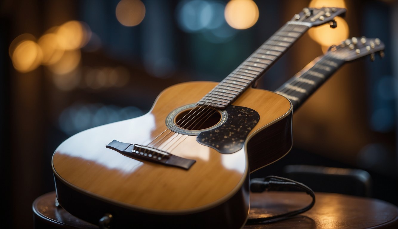 An acoustic guitar with nylon strings sits on a stand. User preferences and personal experiences are written on a notepad next to the guitar