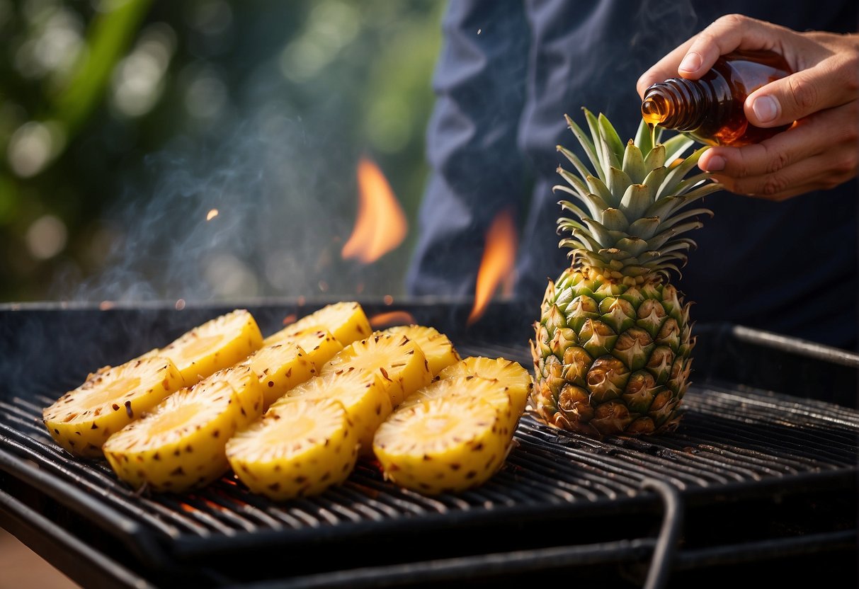 A pineapple being grilled over an open flame, with honey being drizzled over the caramelizing fruit