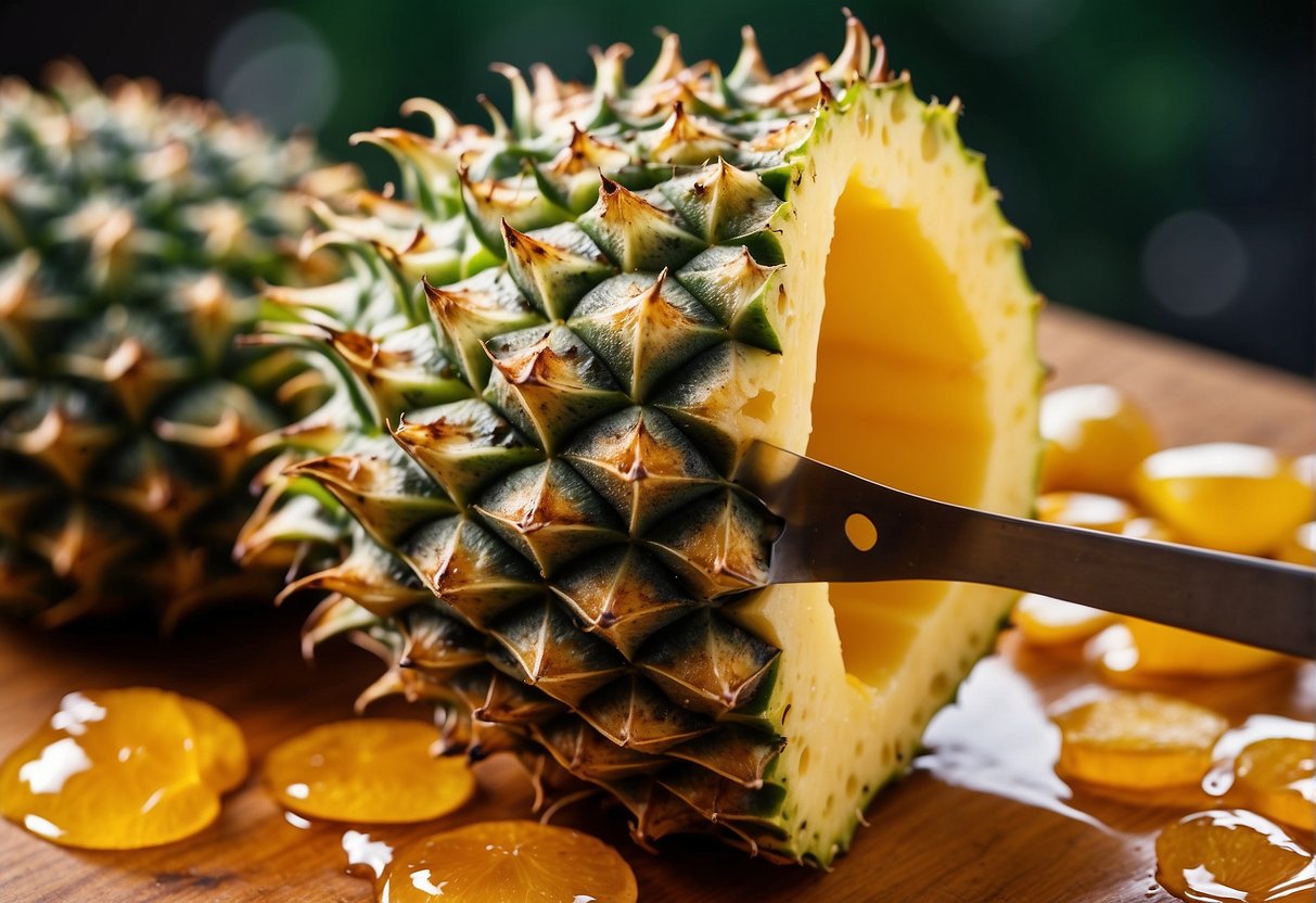 A ripe pineapple being sliced and grilled, then drizzled with honey
