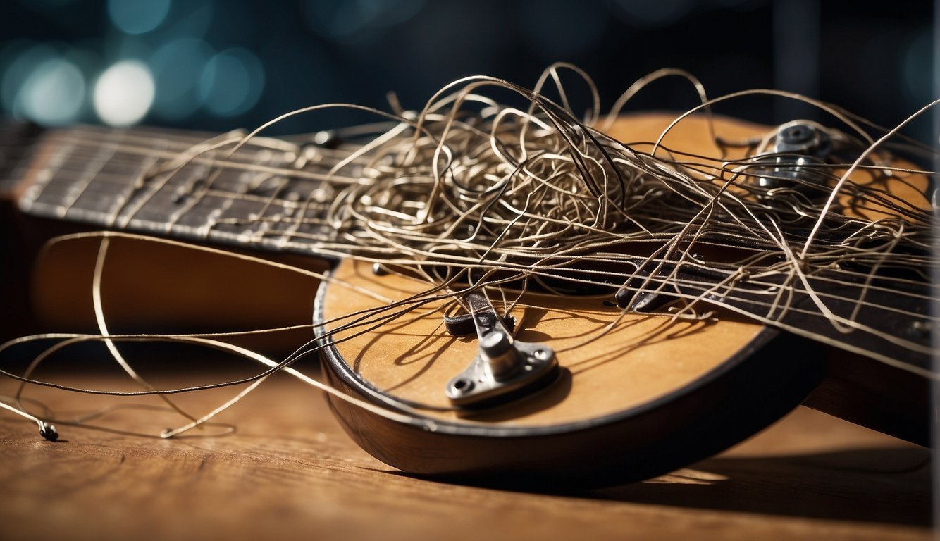 Guitar strings tangled, broken, and missing. Items like fishing line, wire, and rubber bands used as alternatives