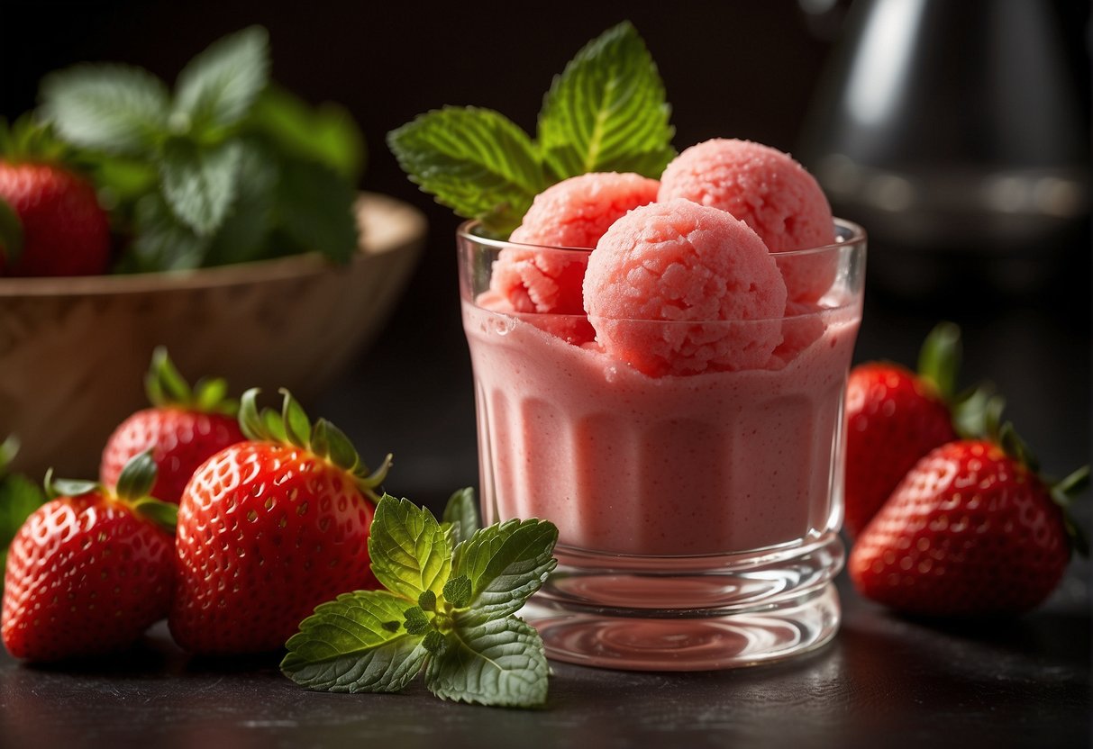 A scoop of fresh strawberry sorbet in a glass dish, garnished with sliced strawberries and mint leaves