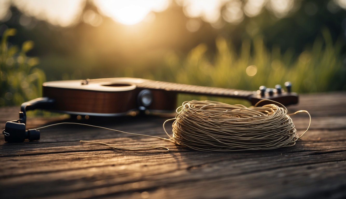 A broken guitar string lies on a wooden surface, next to a pile of alternative materials like fishing line, wire, and rubber bands