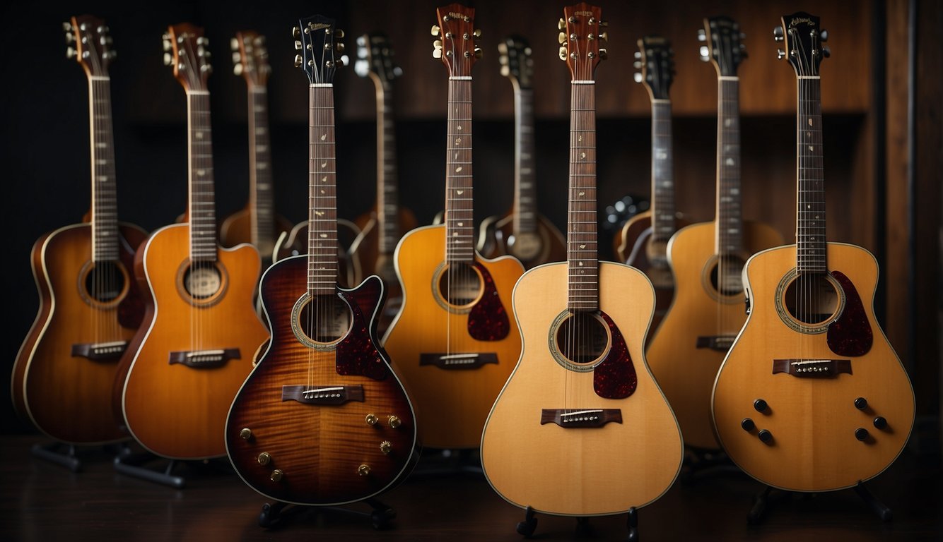 A variety of guitar types laid out with different string alternatives nearby