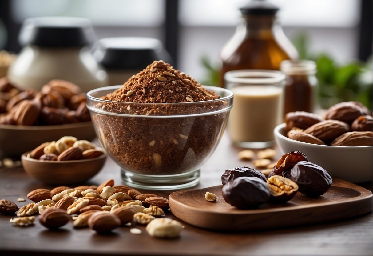 A table with various healthy ingredients: dates, nuts, cacao powder, and coconut flakes. A mixing bowl and a food processor sit nearby