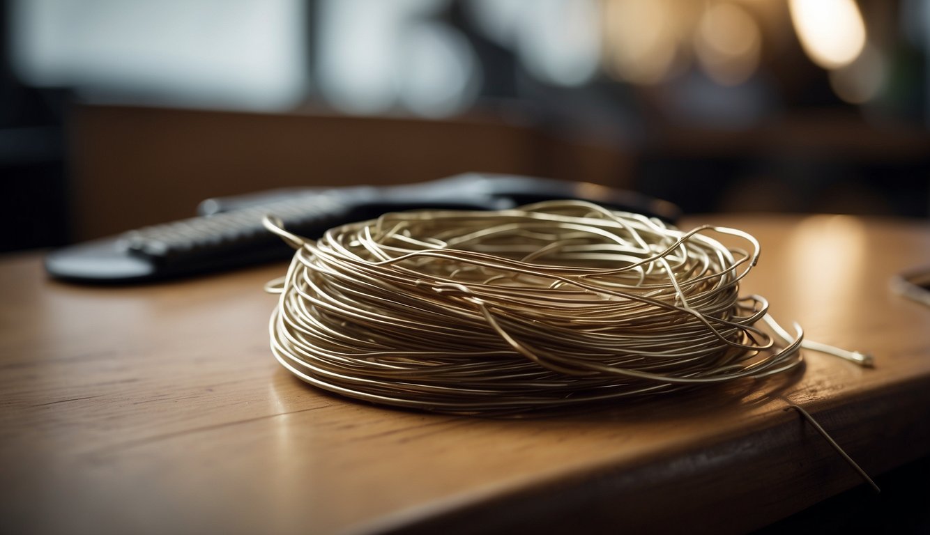A broken guitar string lies on a table, surrounded by various alternative materials like wire, fishing line, and rubber bands