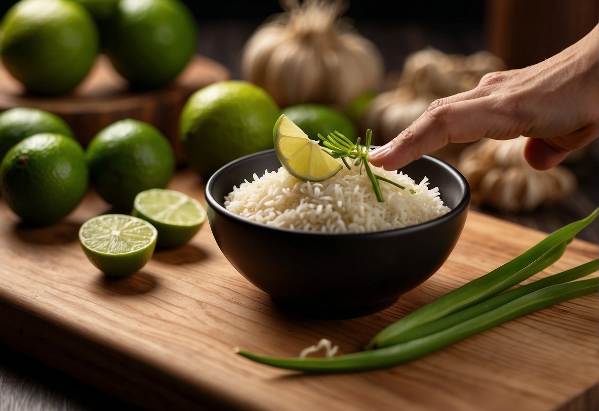A hand reaches for lemongrass, garlic, and chili peppers on a wooden cutting board. A bowl of soy sauce and lime sits nearby
