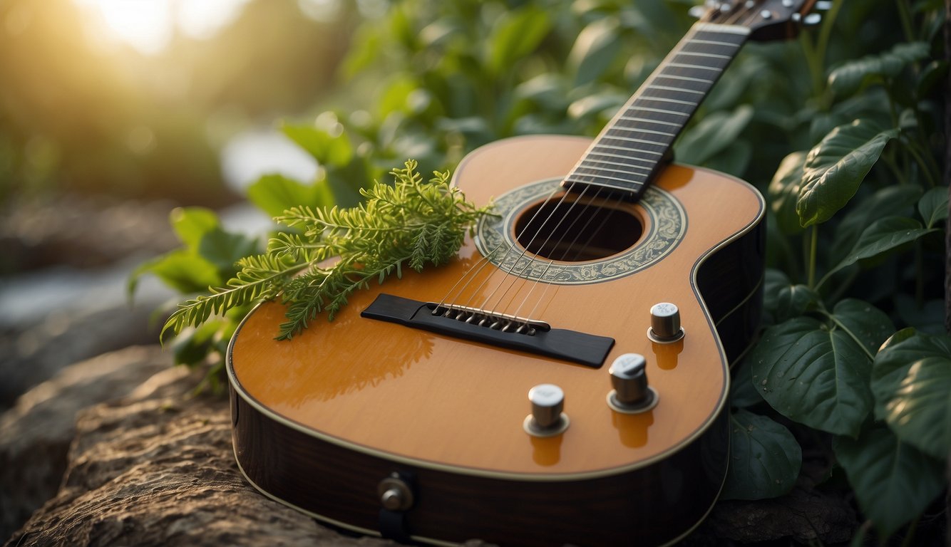 A guitar with vegan-friendly strings, surrounded by plant-based materials and symbols of sustainability
