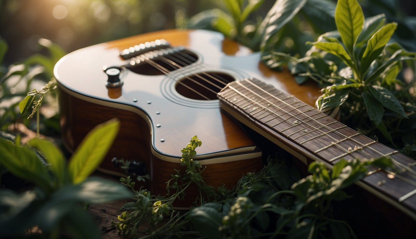 A guitar with plant-based strings, surrounded by vegan-themed imagery and guitar components