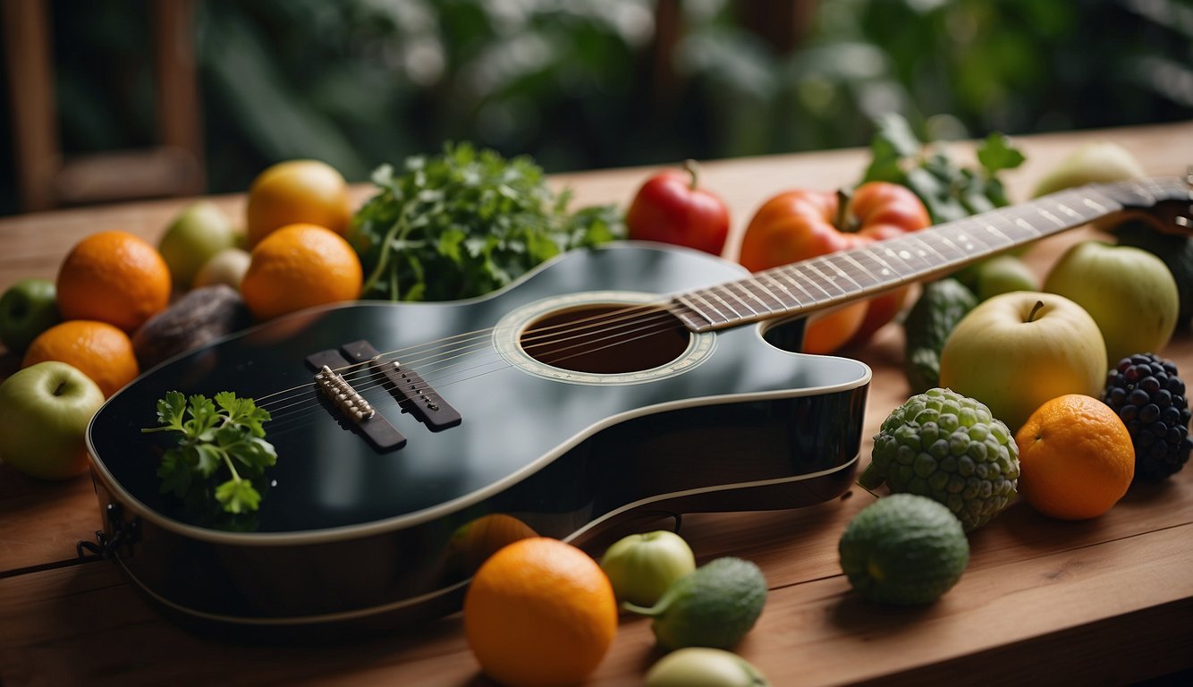 A guitar with vegan-friendly strings lies on a wooden table, surrounded by plant-based materials like fruits and vegetables