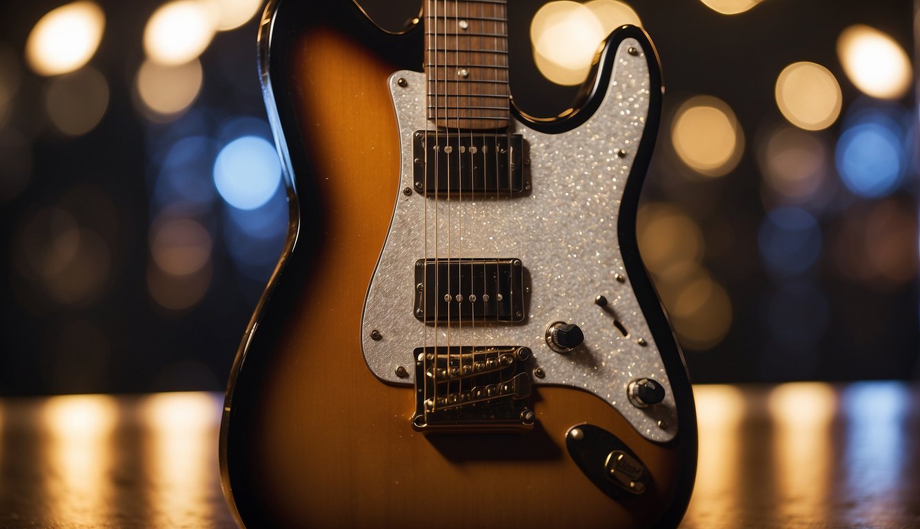 A guitar with coated strings glistens under stage lights, its smooth surface repelling dirt and oil for a crisp, bright sound
