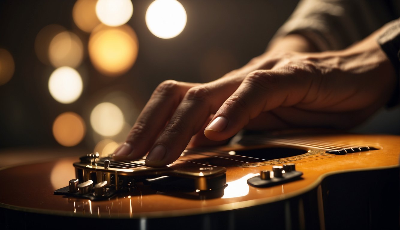 A hand reaches for a shiny, coated guitar string. The light reflects off the smooth surface, emphasizing its durability and personal preference