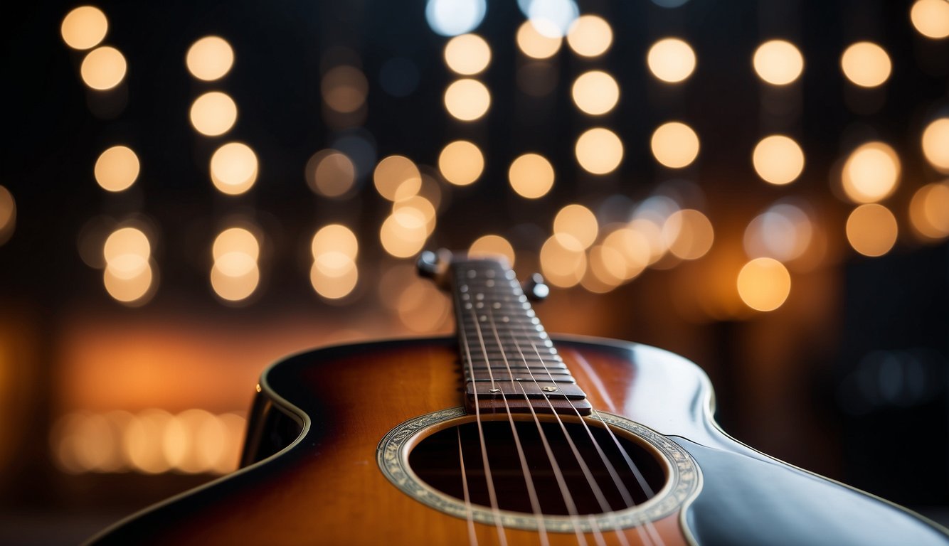 Guitar strings gleam under stage lights, their coated surface reflecting a warm, vibrant tone
