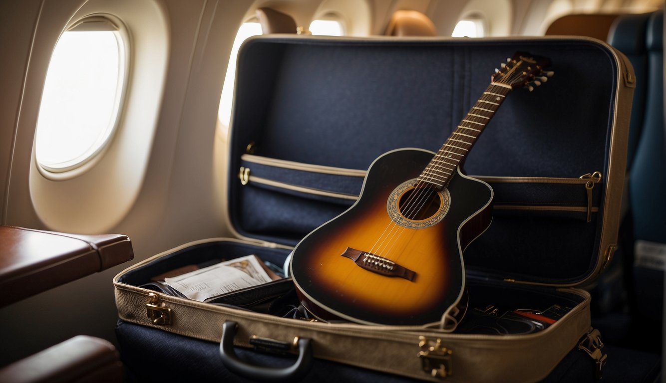 A guitar being placed into an overhead bin on an airplane, with a pack of guitar strings being stowed in a carry-on bag