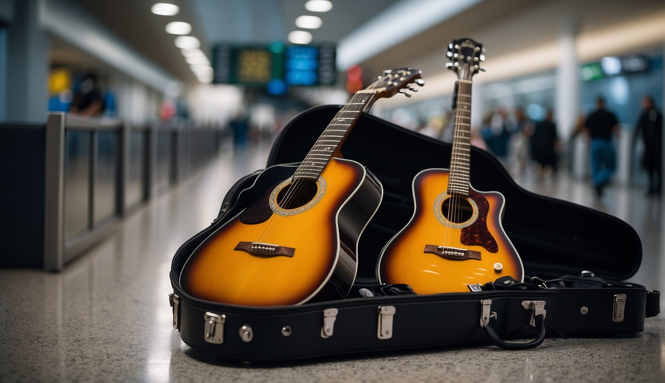 A guitar case sits open on an airport security conveyor belt. Strings and accessories are laid out for inspection