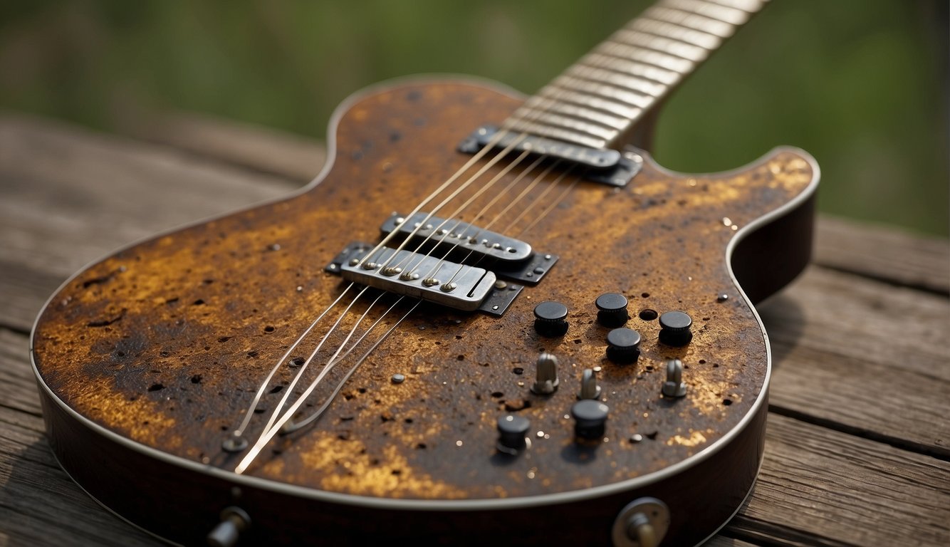 Guitar strings covered in rust and corrosion, with visible signs of wear and tear. Surrounding environment may show signs of humidity or neglect