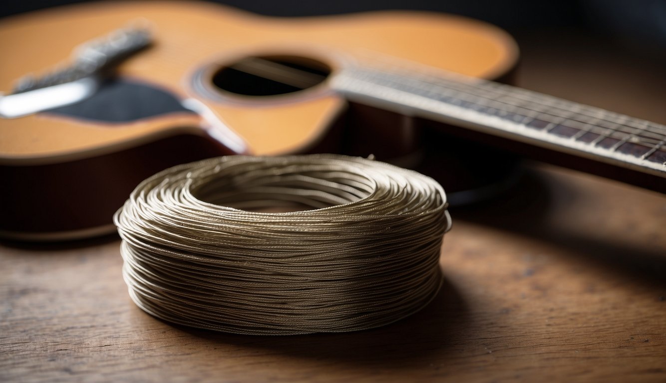 Guitar strings lay on a clean, dry surface. A small container of string cleaner sits nearby, along with a cloth for wiping down the strings