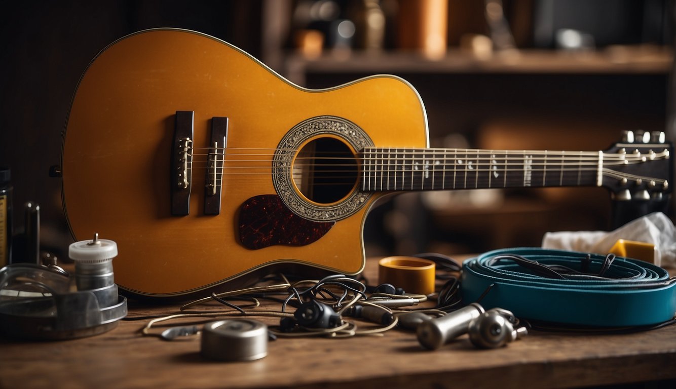 A guitar lying on a table with rusty strings, surrounded by cleaning supplies and tools