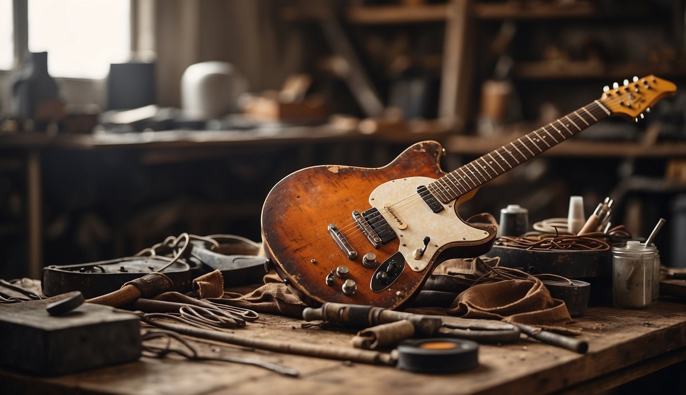 A rusty guitar lies on a workbench, surrounded by tools and cleaning supplies. Strings are visibly corroded, with patches of orange rust