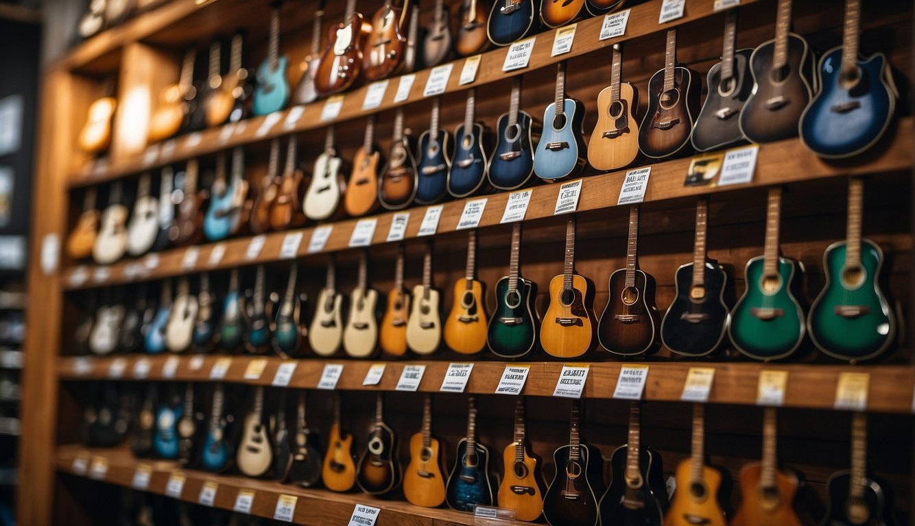 A variety of guitar string brands and types are displayed on a shelf, some rusty, while others appear new and shiny