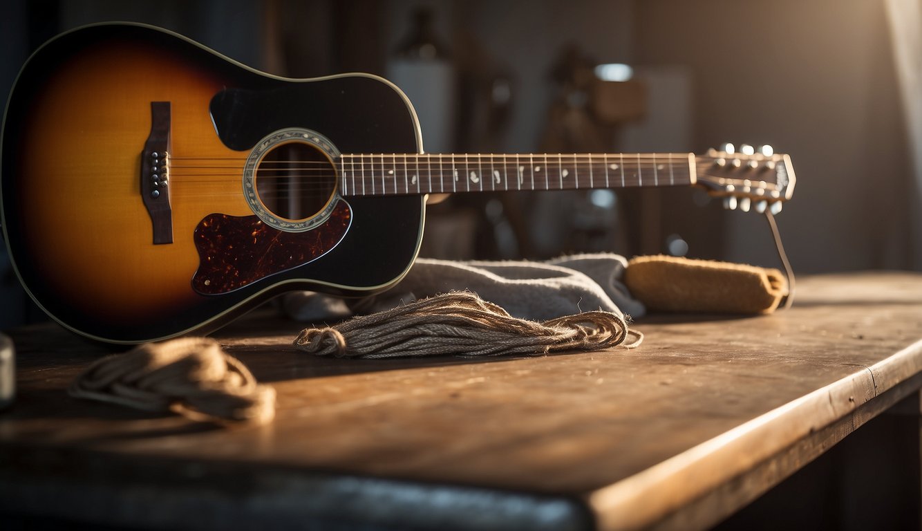 A guitar lying on a clean, well-lit workbench with a set of rusty strings next to a bottle of string cleaner and a cloth