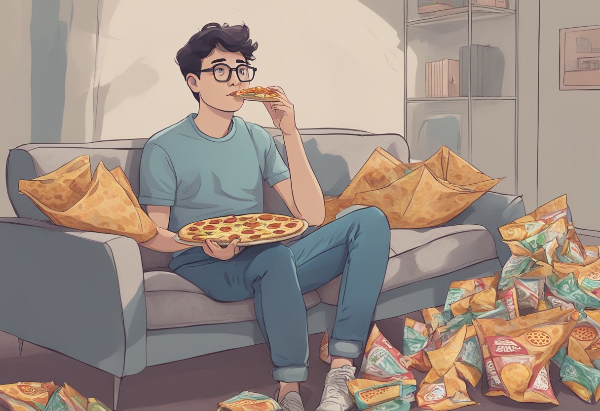 A person sits on a couch, surrounded by empty snack wrappers and a half-eaten pizza. The room is hazy with smoke, and the person looks dazed and disoriented