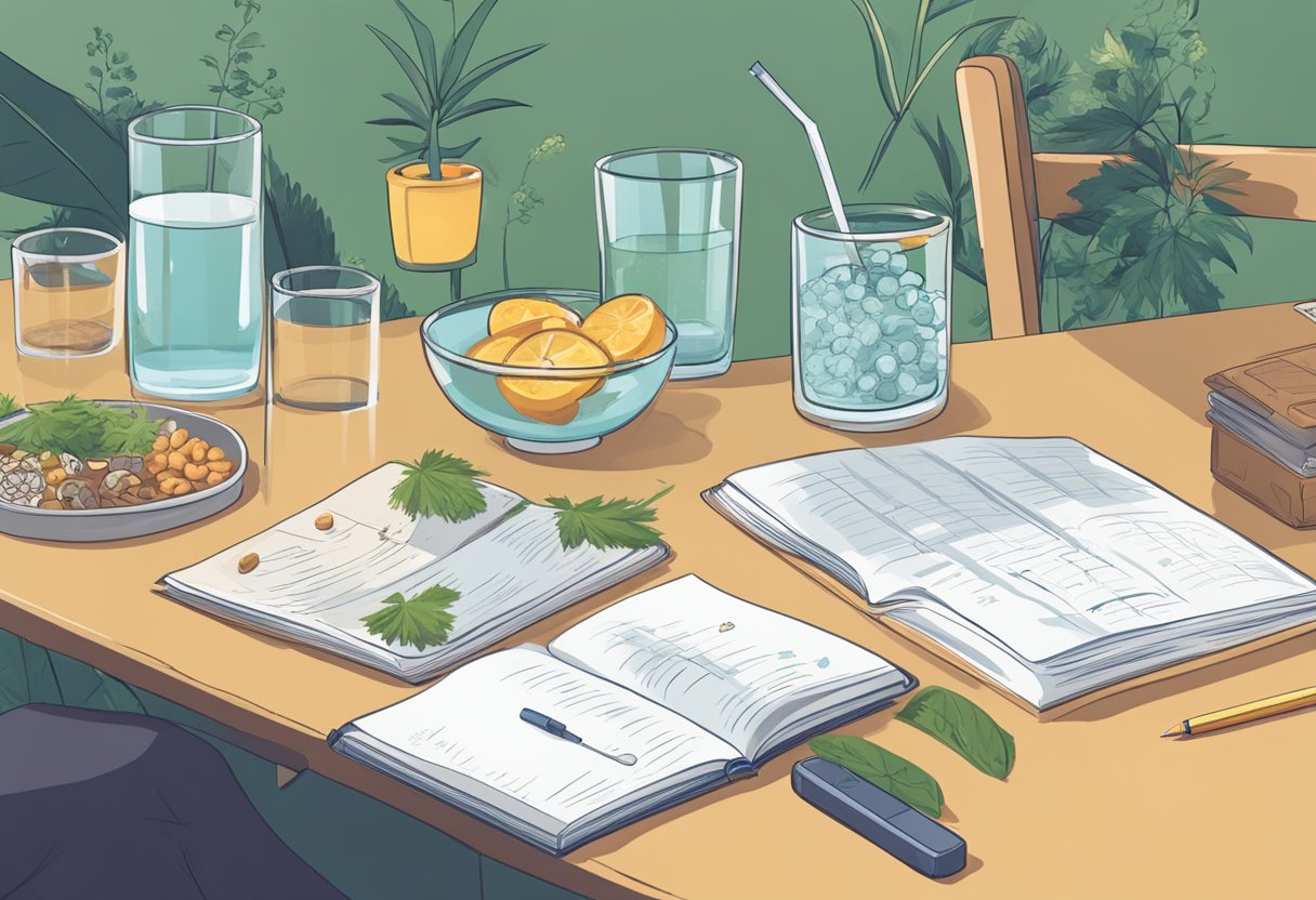 A person sits at a table with a glass of water, healthy snacks, and a timer. A journal is open with notes on coping strategies for managing intoxication from weed