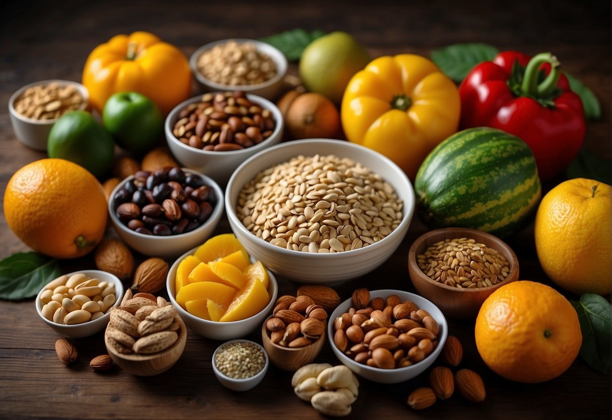 A colorful array of fresh fruits, vegetables, whole grains, and legumes arranged on a table, with a variety of nuts and seeds scattered around