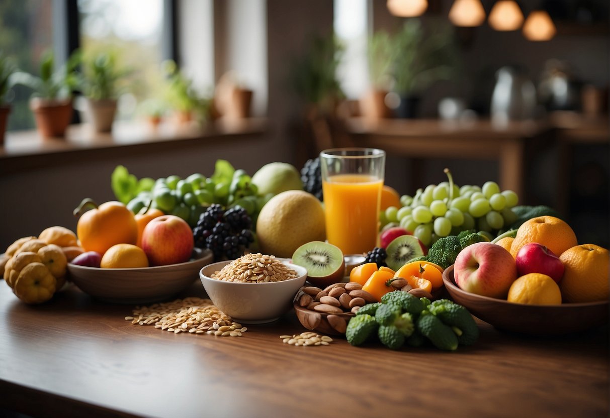 A table with fresh fruits, vegetables, and whole grains. Avoided foods like processed snacks and sugary drinks are placed in a separate area