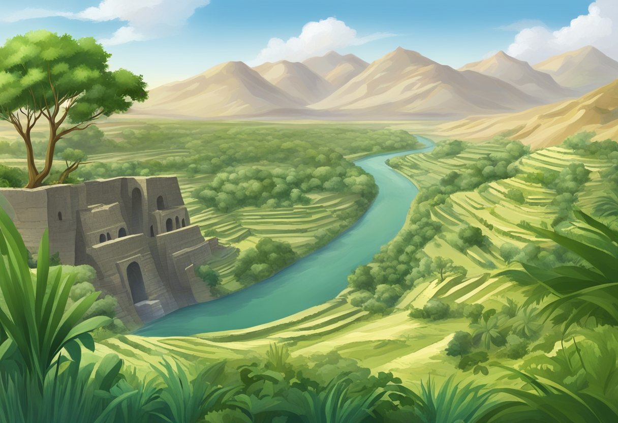 A fertile river valley with ancient ruins and lush vegetation, symbolizing the origin of Kush and its basic guild
