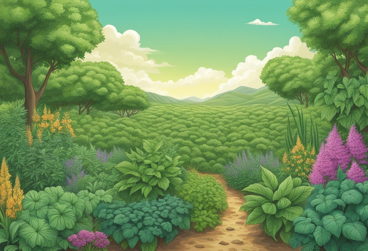 A lush field of kush plants, surrounded by a simple guild of companion plants and herbs