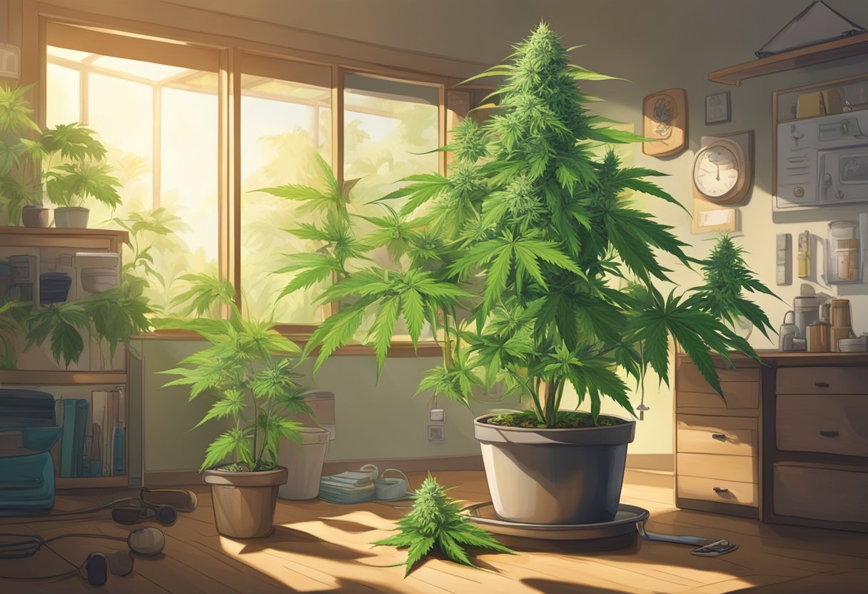 A lush green cannabis plant grows in a sunlit room, surrounded by medical and recreational paraphernalia