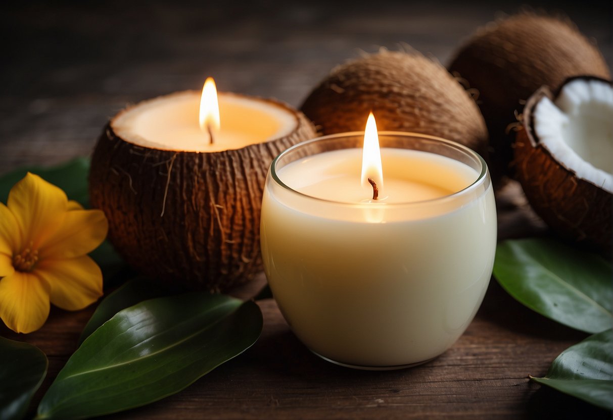 A coconut and soy candle sit side by side, emitting a warm, inviting glow. The coconut wax candle burns evenly, while the soy wax candle releases a subtle, soothing aroma