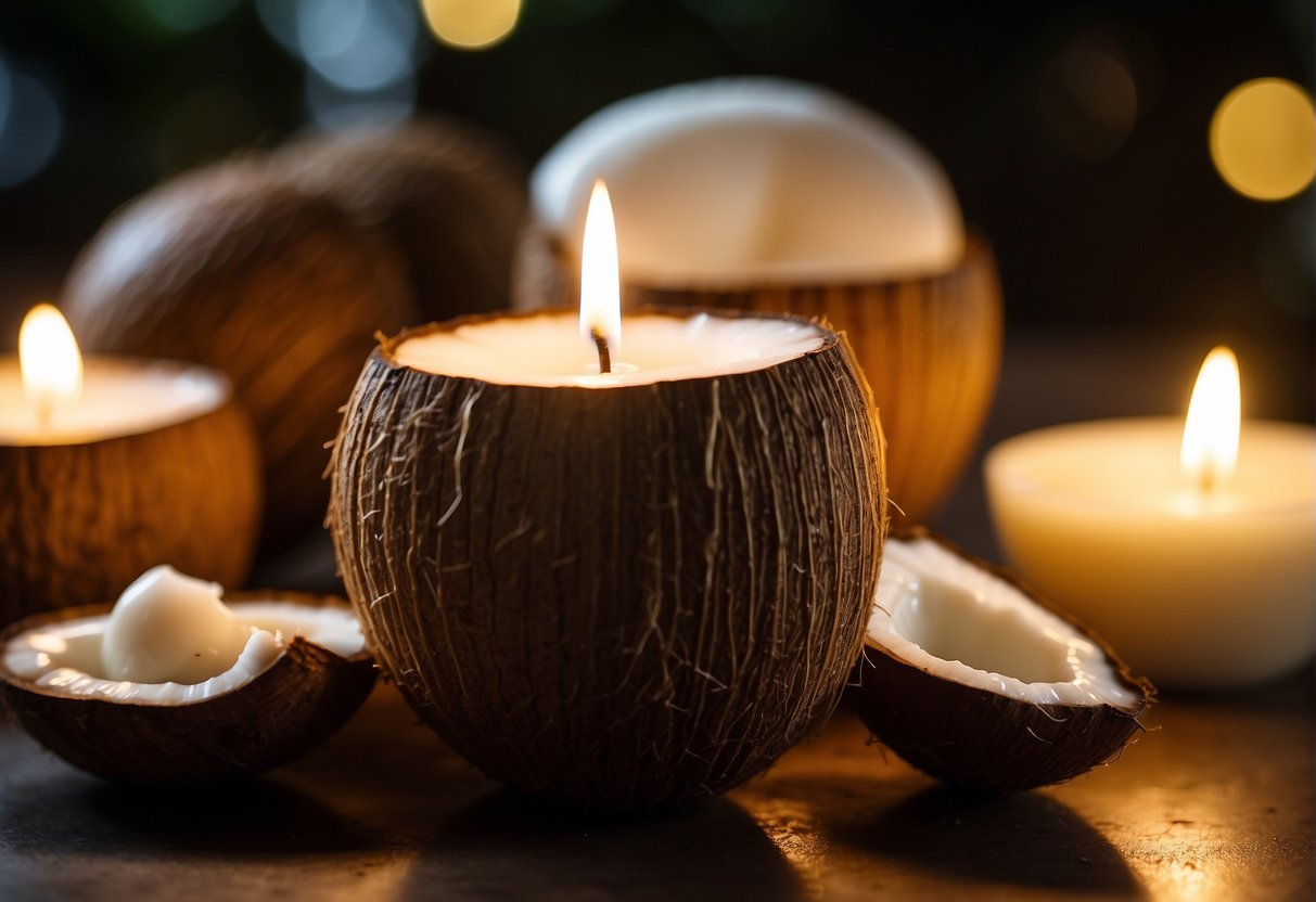 A coconut and a soybean stand side by side, each emitting a warm, inviting glow. The coconut wax candle burns steadily, while the soy wax candle releases a subtle, sweet scent