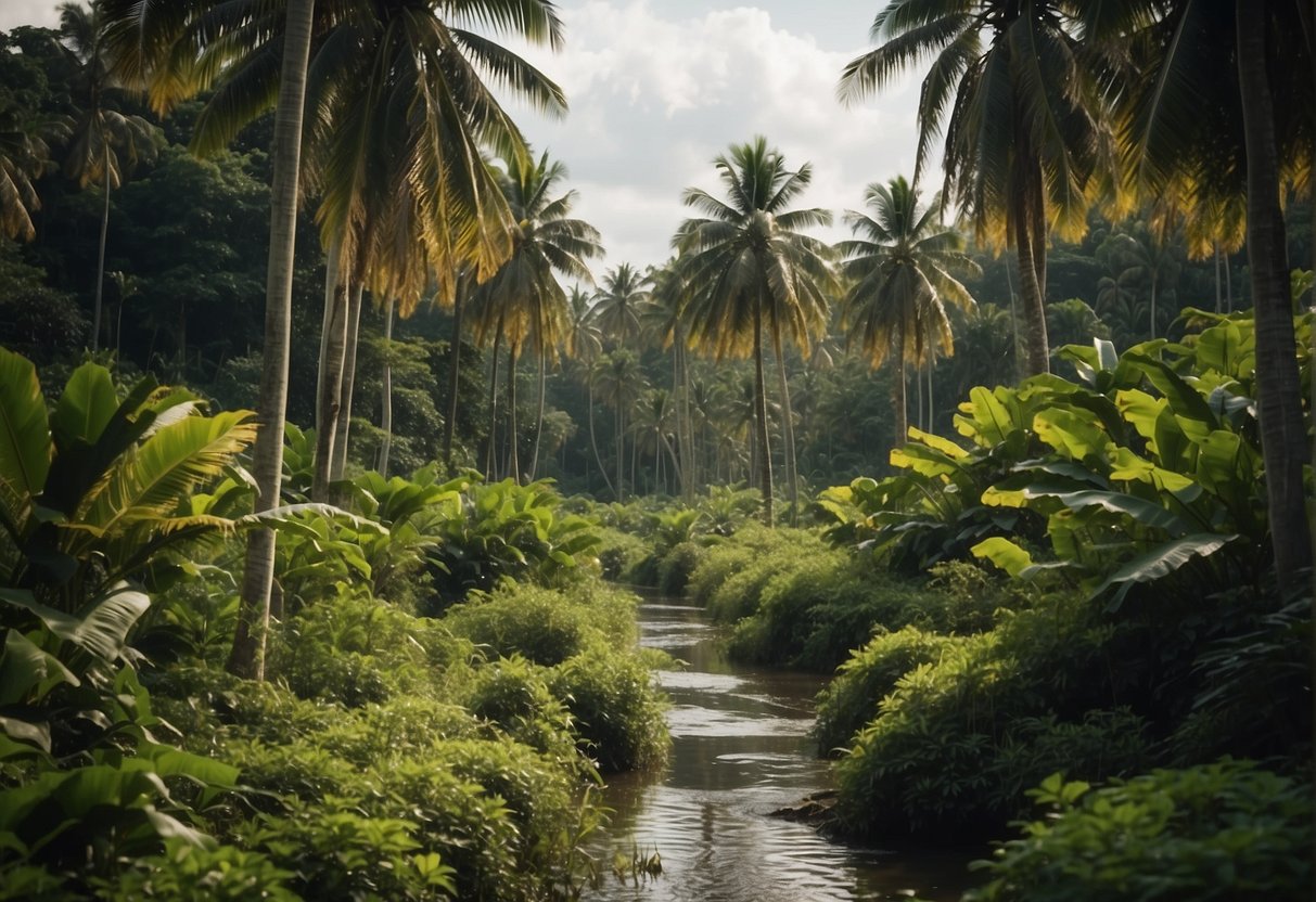 A lush tropical forest with coconut trees and soybean fields, surrounded by clear streams and wildlife