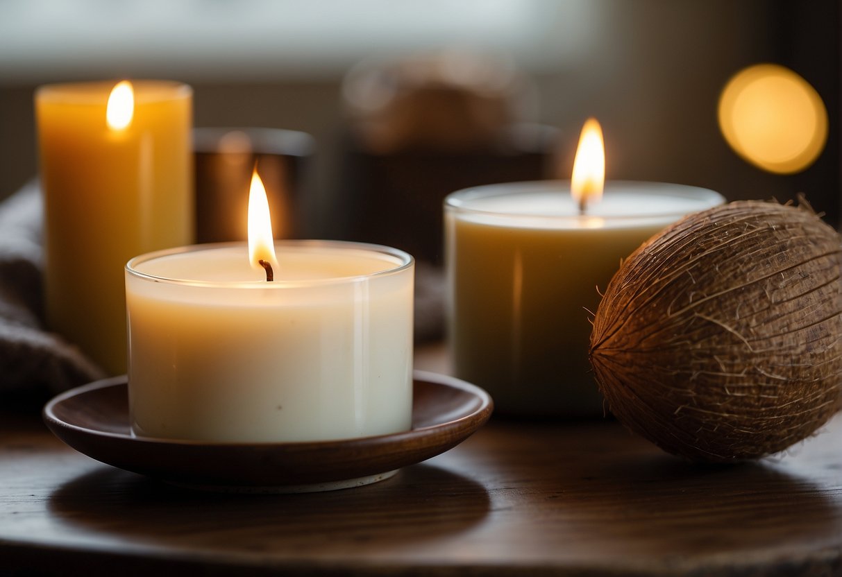 Two candles burning side by side, one made of coconut wax and the other of soy wax. The coconut wax candle burns with a steady, bright flame, while the soy wax candle burns with a slightly softer, flickering flame