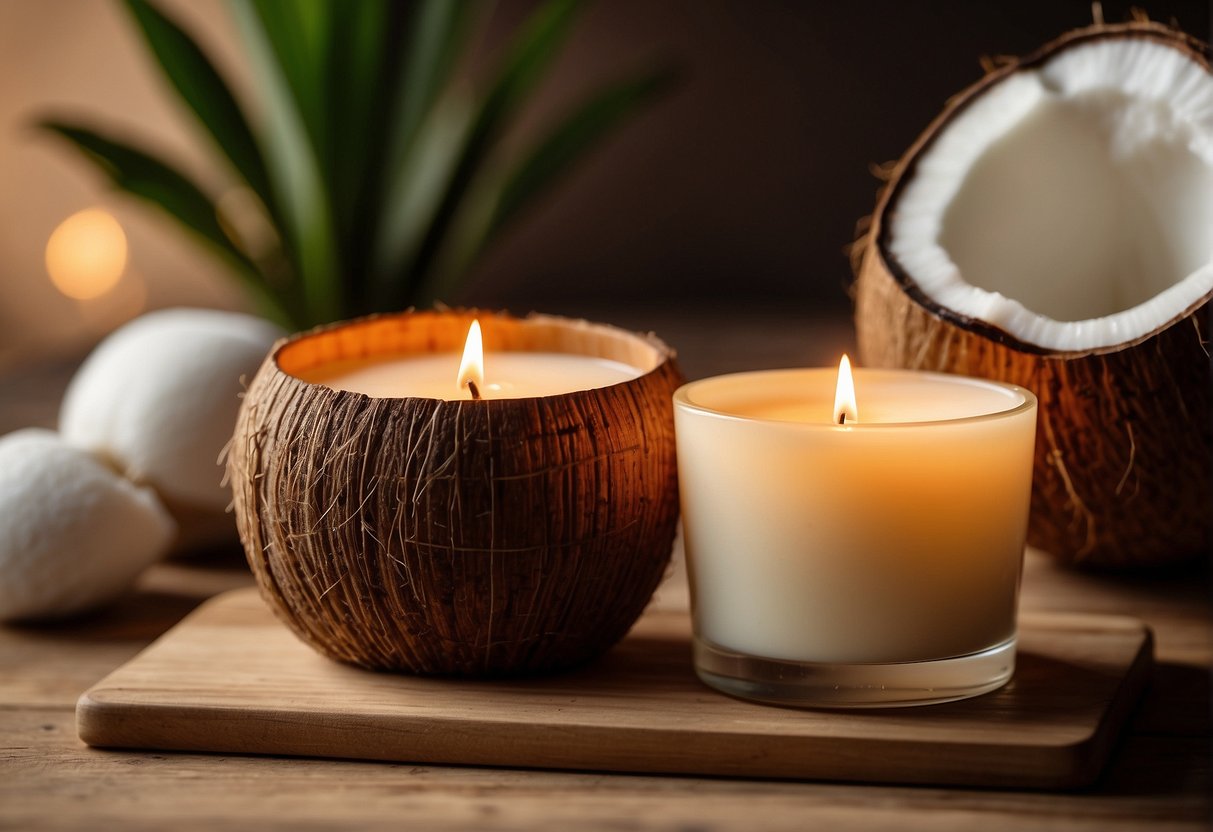 A coconut and soy candle sit side by side, emitting a warm, inviting glow. The coconut wax candle burns evenly, while the soy wax candle releases a clean, long-lasting aroma