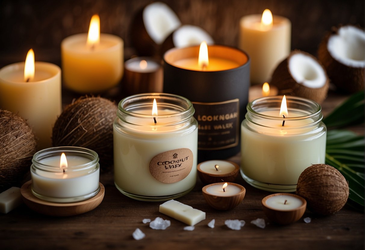 A table with two jars labeled "Coconut Wax" and "Soy Wax," surrounded by various candle-making supplies