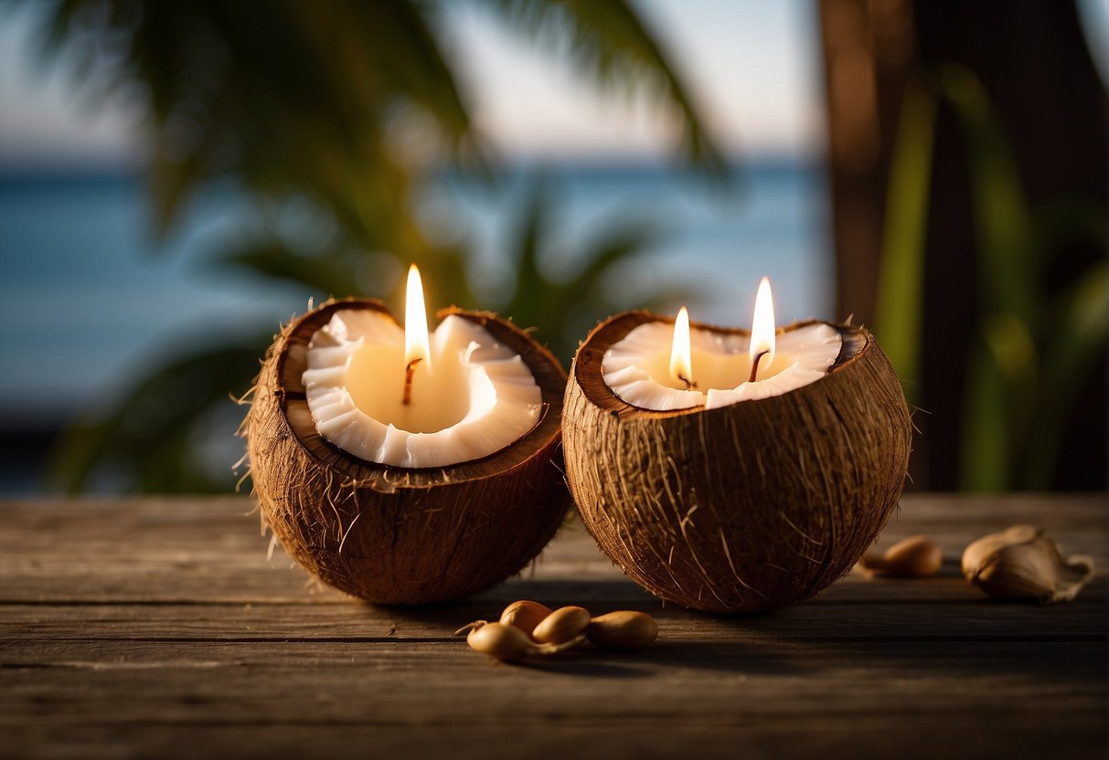 A coconut and a soybean stand side by side, each with a candle flame above it. The coconut appears more tropical, while the soybean has a softer, natural feel