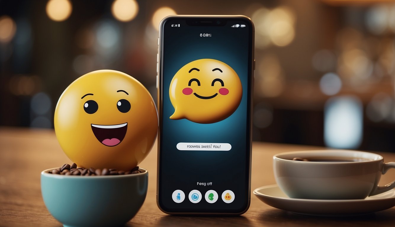 A smartphone screen displays a text conversation between two characters, with speech bubbles and emojis, set against a backdrop of a cozy coffee shop