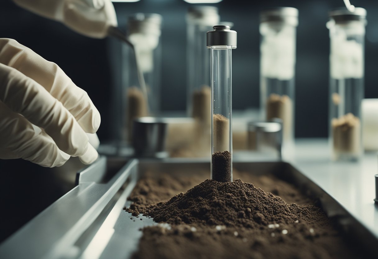 Soil sampling and preparation for analysis. A person collecting soil samples and preparing them for analysis in a laboratory setting