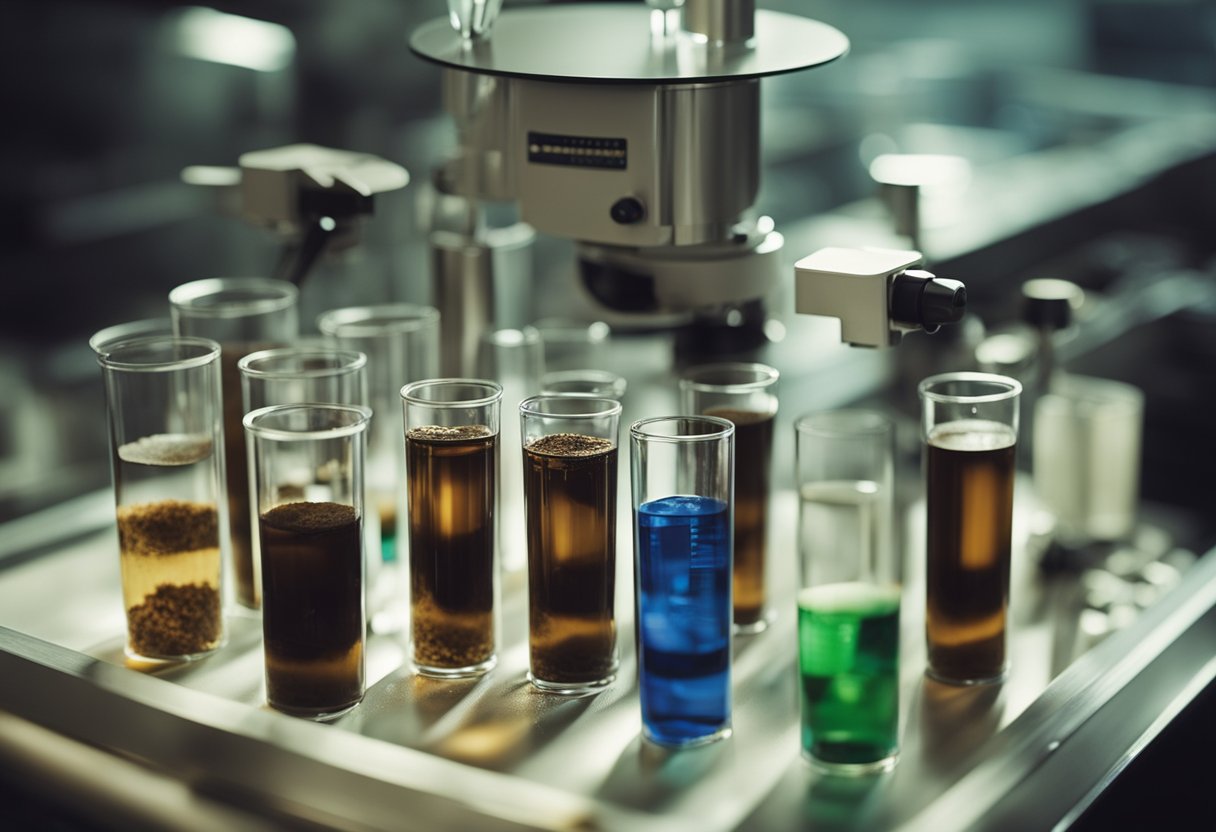 The soil sample is being analyzed in a laboratory setting, with test tubes, beakers, and scientific equipment visible